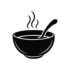 Hot Soup Bowl Icon: Simple Black and White Steaming Food Illustration