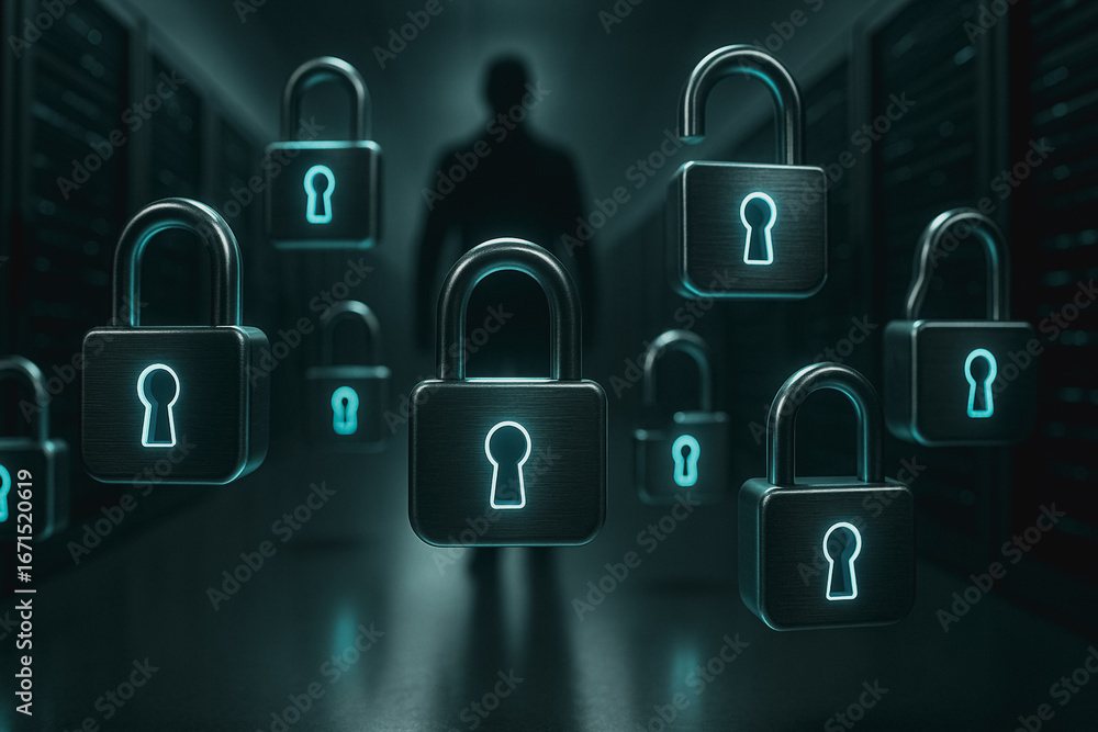Poster cybersecurity fortress: an evocative digital rendering showcases a network of secure padlocks, embod
