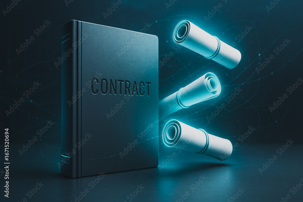 Poster Contract and Digital Documents: A modern composition depicts a closed book labeled CONTRACT with digital documents floating from it. It's a metaphor for modern legal processes.