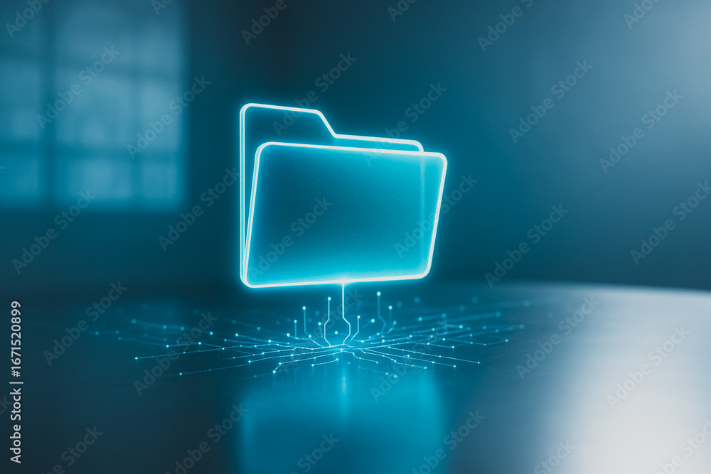 Poster digital data storage: illuminated digital file icon representing data storage and management.