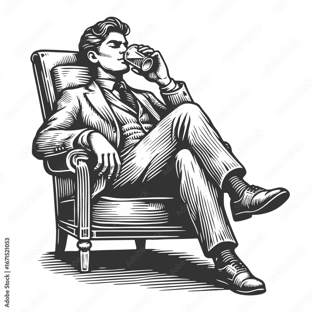 Poster man in a suit sitting comfortably in an armchair while drinking from a glass sketch engraving genera