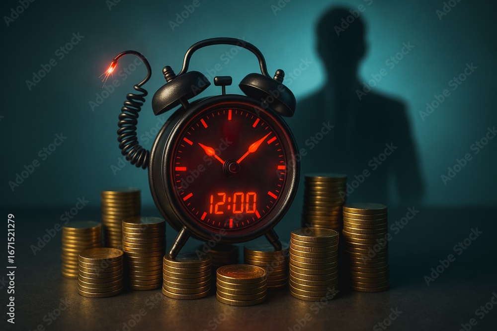 Poster time is money: an illuminated clock set against a backdrop of stacked coins and a looming shadow cre