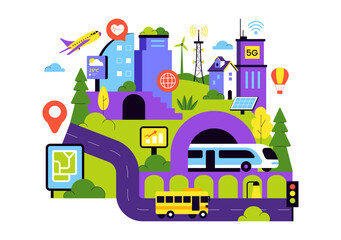 Obraz premium Smart City Infrastructure Illustration featuring an Urban Landscape with Buildings, Skyscrapers, Transportation, Internet, and Future Technology