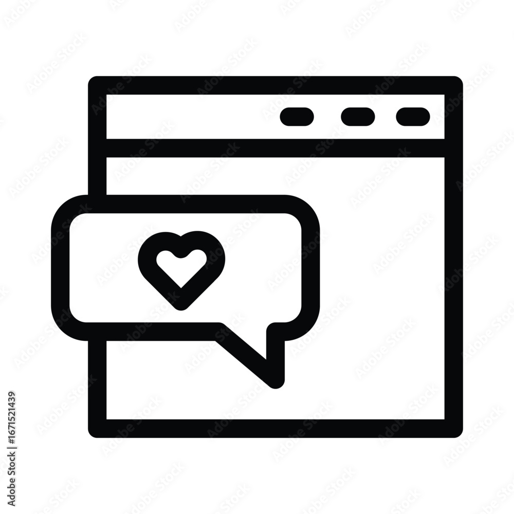Poster A minimalist icon of a web browser window with a heart icon in a speech bubble. Editable stroke. Vector illustration