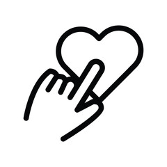A hand holds a heart outline with a finger touching the heart. Editable stroke. Vector illustration