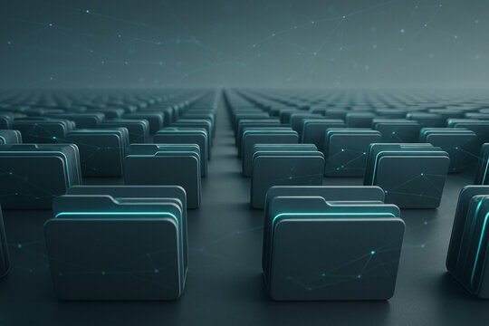 Digital Data Array: An artistic, conceptual rendering showcases an endless array of digitized file folders, a testament to the expansive realm of data and information storage.