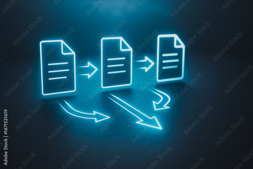 Aufkleber digital data flow: an elegant illustration of interconnected document with arrows, rendered in a cap