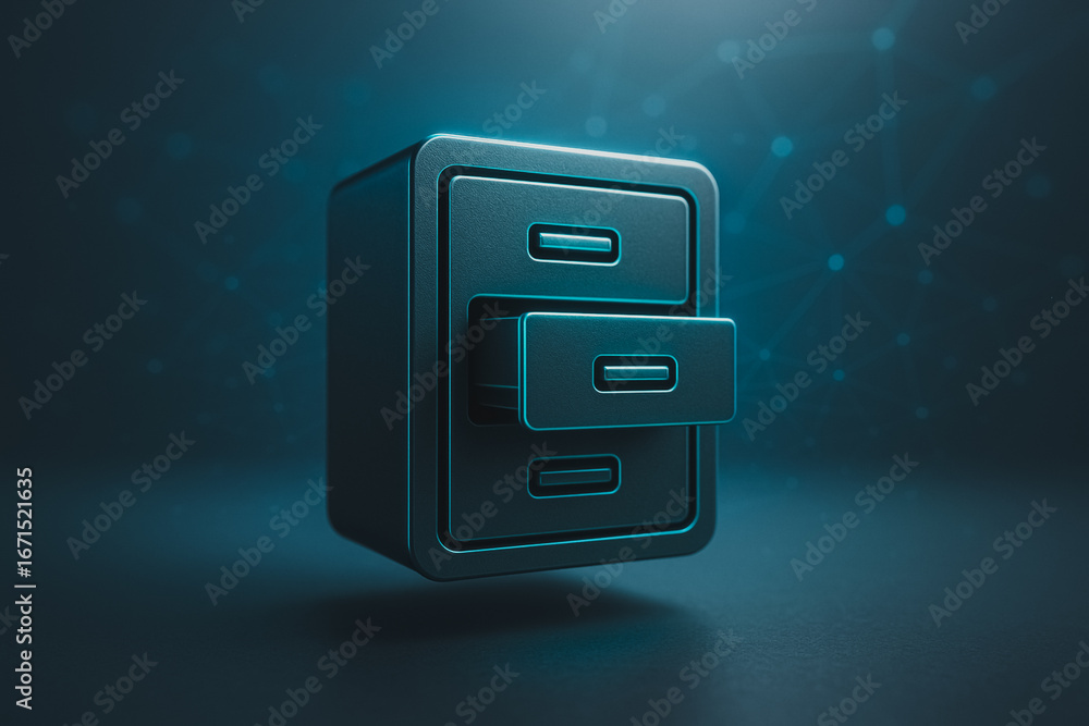 Poster digital archive: a stylized image of a digital archive or filing cabinet with open drawers, signifyi