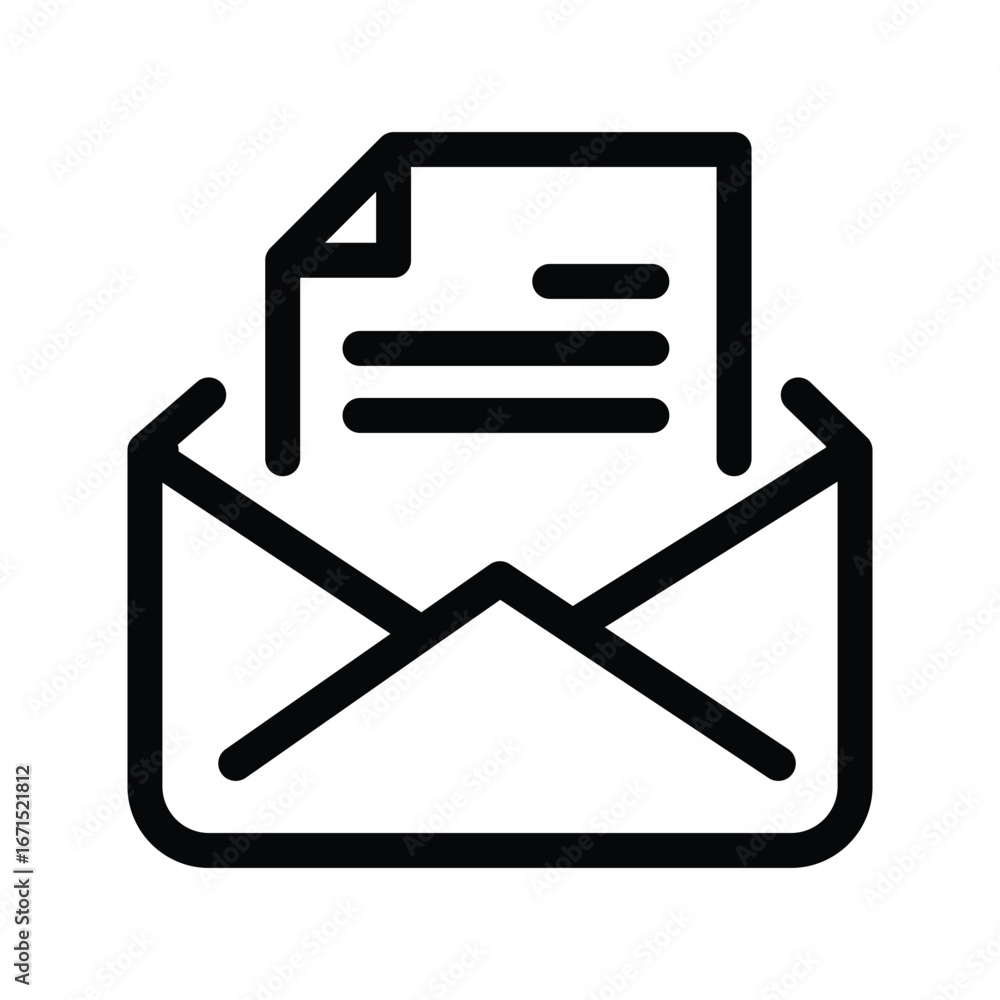 Aufkleber black and white icon of an open envelope with a document inside. editable stroke. vector illustratio