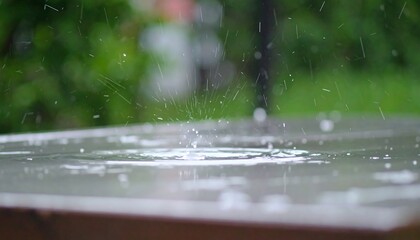 Raindrops impacting a dark surface, creating ripples and splashes; blurred green background