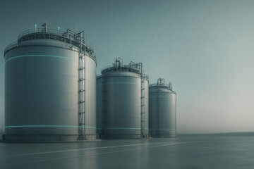 Obraz premium Industrial Tanks: A striking visual of industrial storage tanks, symbolizing the backbone of industry and the scale of modern infrastructure against the backdrop of a dusky sky.