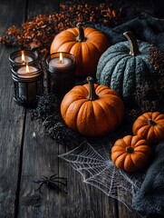 Pumpkins with spiderweb and candles for halloween
