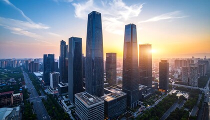 Sunlit cityscape at dawn, showcasing a cluster of modern skyscrapers and surrounding urban sprawl