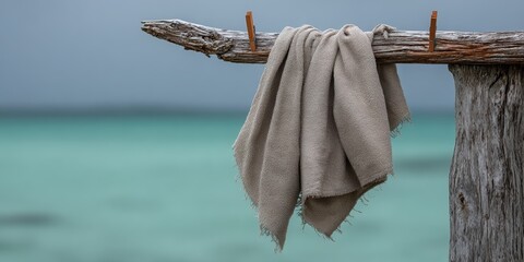 Soft Beige Cloth Hanging on Driftwood by Water