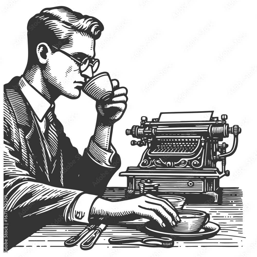 Poster man in glasses and suit drinking coffee while sitting at a desk with a typewriter sketch engraving g