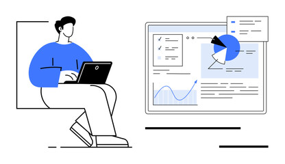 Person working on a laptop beside a screen displaying reports, pie chart, and graphs. Ideal for business analysis, productivity, work-from-home, data visualization, digital tools, education simple