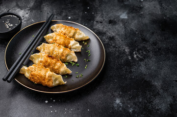 Asian Fried Dumplings, Jiaozi, Gyoza, Dim sum with meat and vegetables on plate. black background. top view