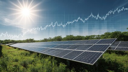 Solar panels in a field, overlaid with upward trending financial chart and sun