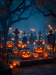 Cemetery with glowing jack o lantern pumpkins