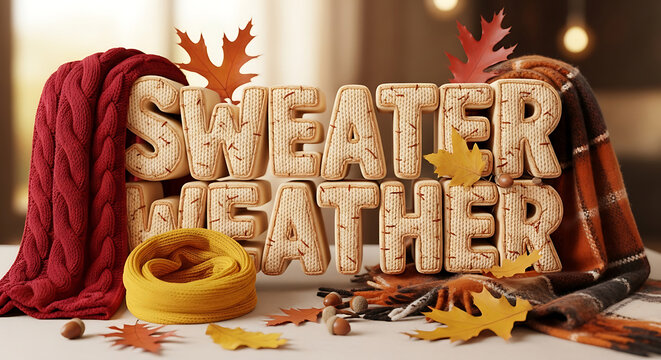 Chunky knitted-texture 3D typography “Sweater Weather,” cozy autumn vibe, surrounded by scarves