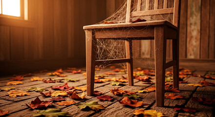 Dusty abandoned wooden chair covered in cobwebs, autumn leaves scattered on floor