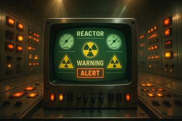 Nuclear Alert: A vintage screen displays a stark warning message against the backdrop of an industrial control room. The scene conveys tension, with the clear symbols and a detailed environment.