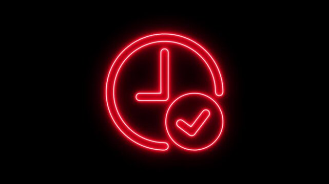Neon line Clock spinning, watch animation on transparent background with alpha channel. Clock icon flat style 24 hours day fast speed with moving timer clock with checkmark