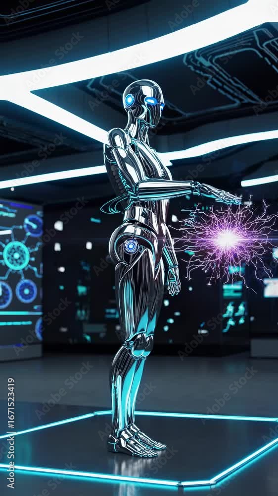 Poster futuristic robot in a high-tech lab, captured from a low-angle. neon lights and holographic displays