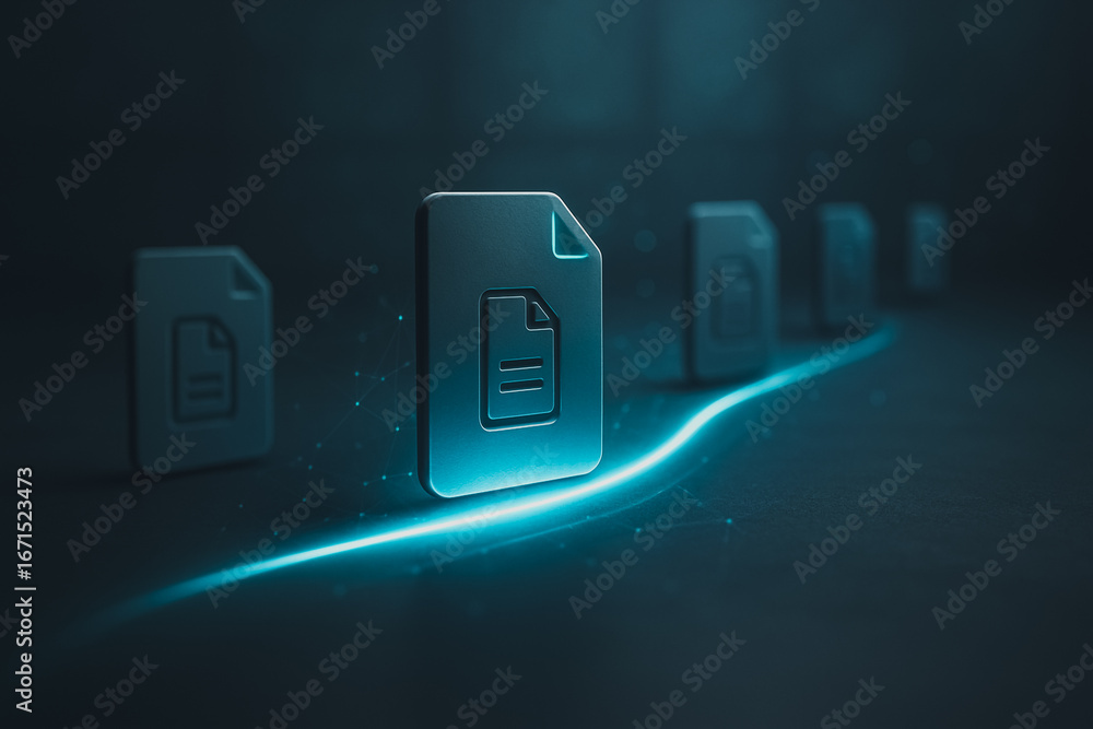 Poster digital document pathway: a line of glowing file icons guides the viewer through a digital landscape