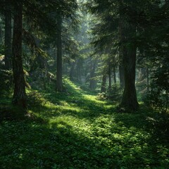 Obraz premium Sunlit path through a dense, green forest