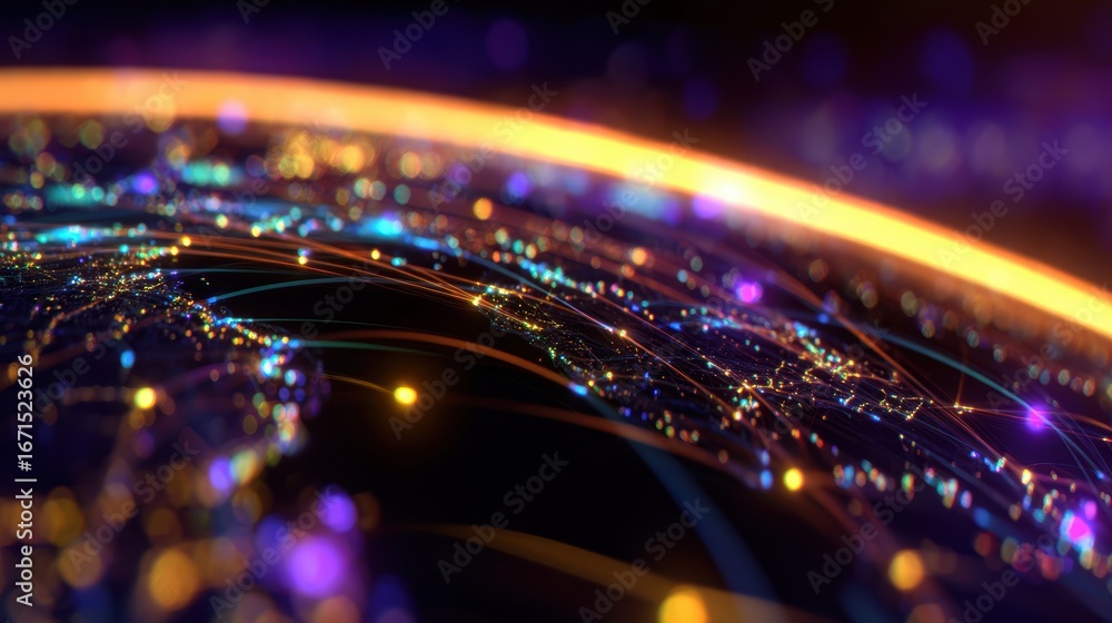 Poster a vibrant digital representation of global connectivity with colorful lights and network lines