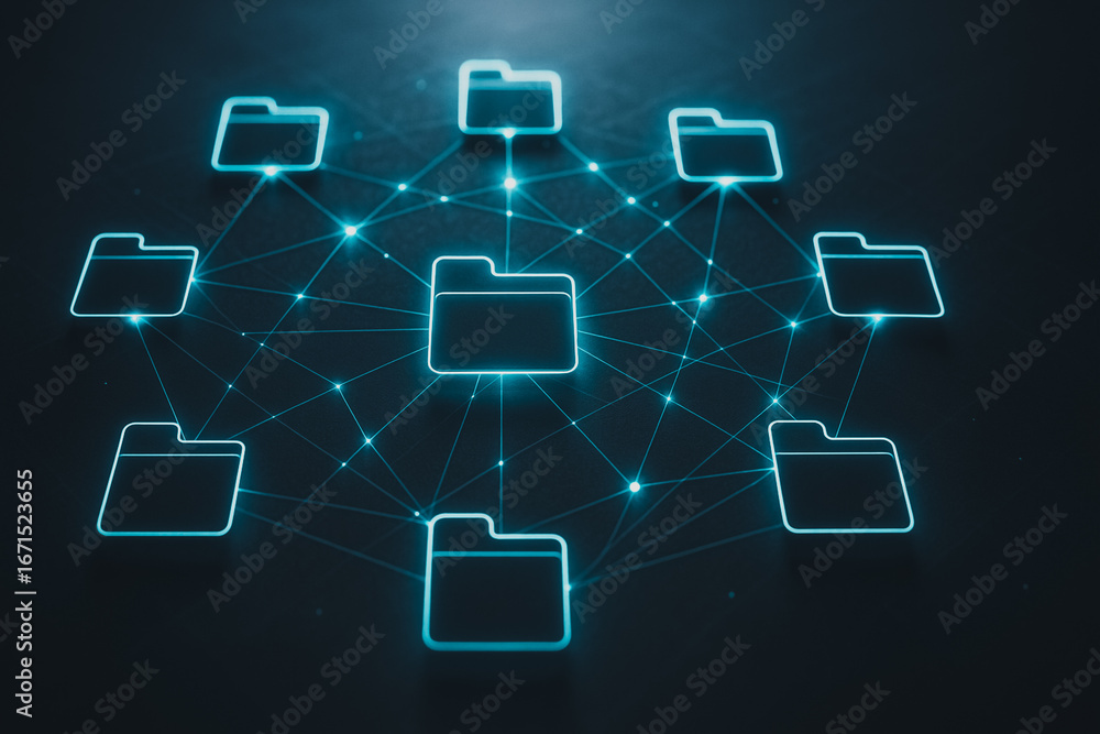 Poster digital network of data files: an abstract image depicting interconnected file folders in a digital 
