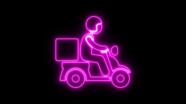 Neon glowing delivery man icon with motorcycle icon. delivery scooter icon. Fast delivery by motorcycle icon, delivery man riding a scooter. 