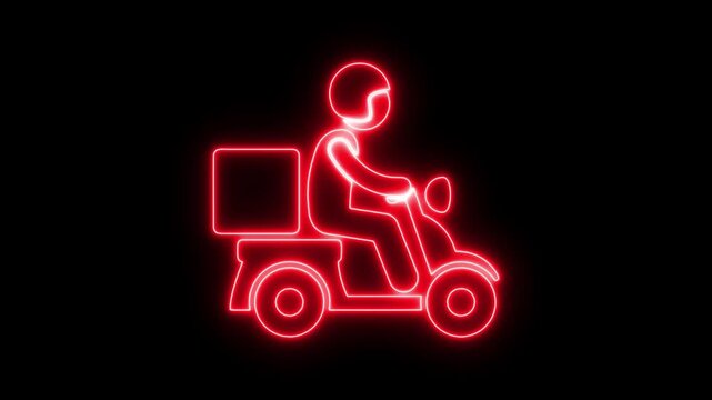 Neon glowing delivery man icon with motorcycle icon. delivery scooter icon. Fast delivery by motorcycle icon, delivery man riding a scooter. 