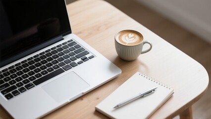 Flat lay of a modern minimalist workspace featuring a silver laptop, ceramic coffee cup with latte art, and notebook on a wooden desk. Bright natural light creates a clean and aesthetic look, perfect 