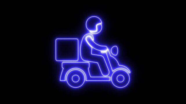 Neon glowing delivery man icon with motorcycle icon. delivery scooter icon. Fast delivery by motorcycle icon, delivery man riding a scooter. 