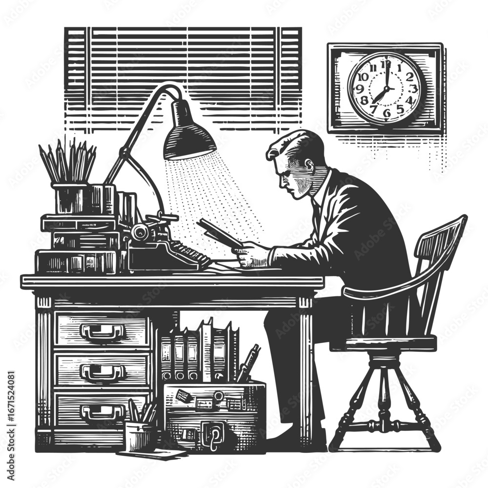 Poster man in a suit reading documents under a desk lamp with a typewriter and clock sketch engraving gener