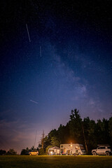 Amateur Radio Field Day Under Starry Sky with Antennas and Campers