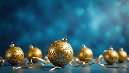 golden christmas balls on blue