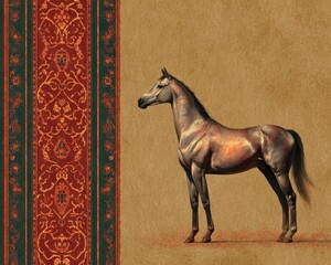 Turkmenistan AkhalTeke Horse in Desert with Red Border