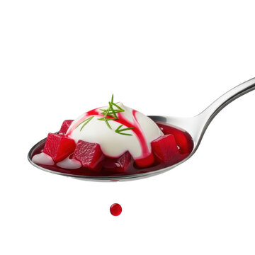 Silver tablespoon with vibrant crimson borscht, beets, creamy sour cream, green dill, suspended droplet, transparent studio background, bokeh, concept of gourmet food presentation