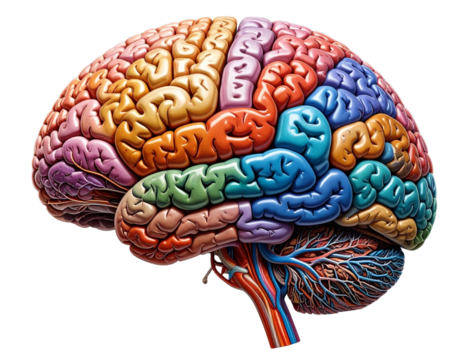 3D Rendered Human Brain with Color-Coded Regions, Transparent PNG