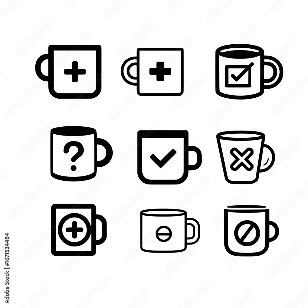 Poster mug icon with question mark exclamation symbol cross check plus circle and line vector