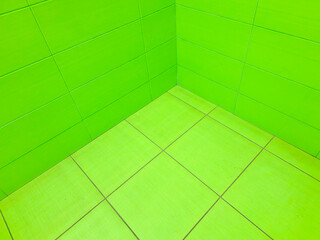 Green ceramic tiles lining bathroom walls and floor, creating sleek modern corner with vibrant...