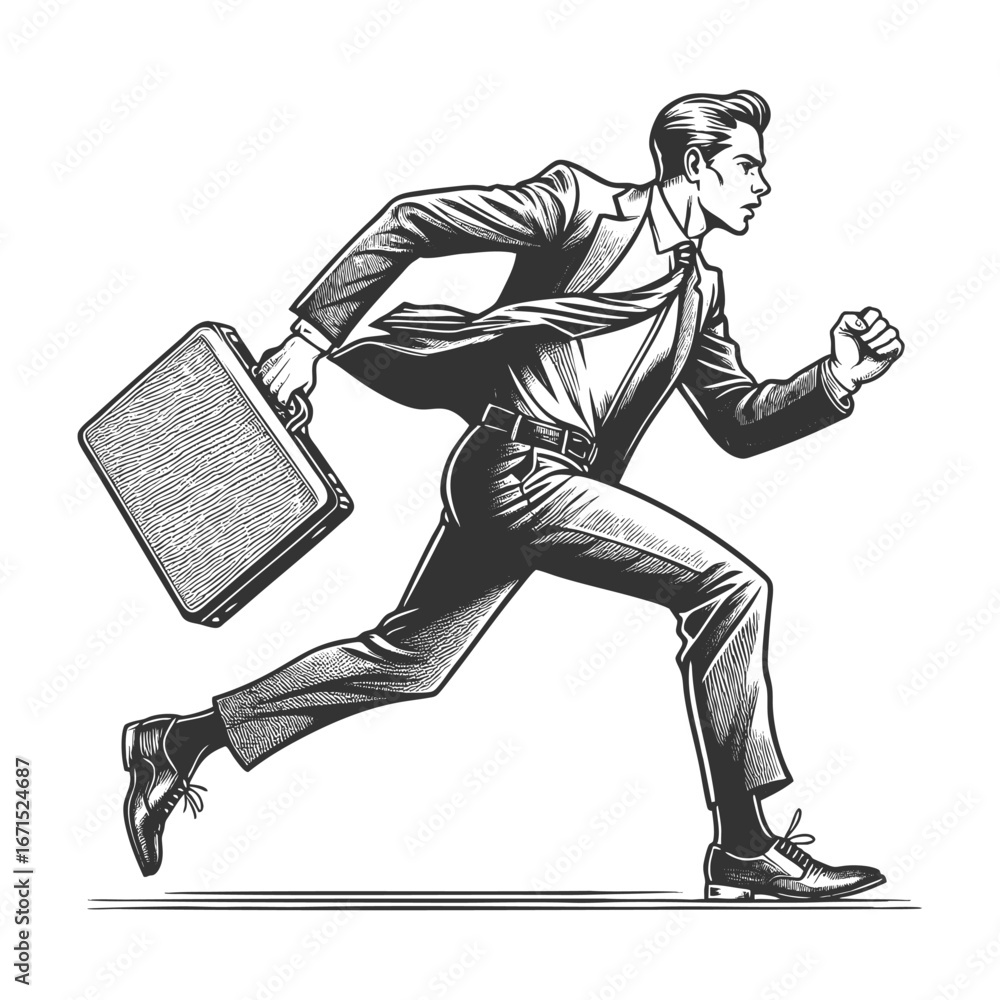 Poster determined businessman in shirt and tie running forward while holding a briefcase sketch engraving g