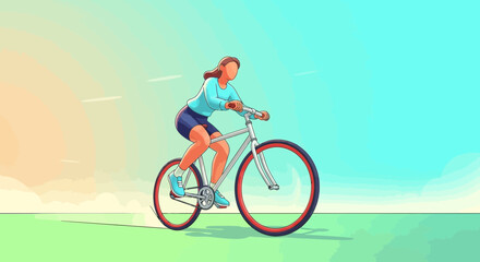Obraz premium An illustrated woman in athletic wear rides her bicycle across a green field under a colorful gradient sky.