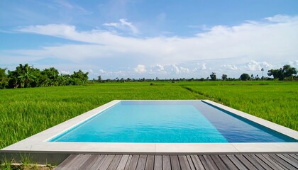 Tranquil pool in rice paddy landscape