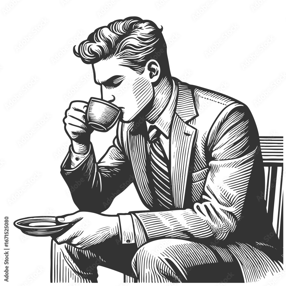Poster man in glasses and suit enjoying a steaming cup of coffee at a desk sketch engraving generative ai f