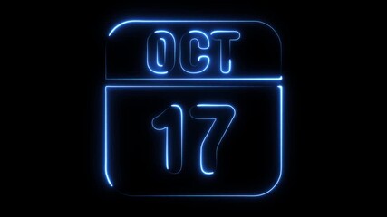 Glowing blue neon calendar date October seventeenth 17th month day event celebration reminder notification