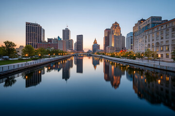 Close up, City skyline reflected in calm river at dusk